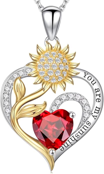 Iefil Valentines Day Gifts for Her - Sunflower Heart Birthstone Necklace Gifts for Women, Anniversary Birthday Gifts for Her 925 Sterling Silver Necklace You Are My Sunshine Jewelry for Wife Mom