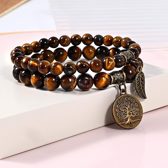 Bivei Natural Semi Precious Gemstone beads bracelet for women - Life Tree and Leaf Charm Energy Reiki Crystal Stretch Bracelets