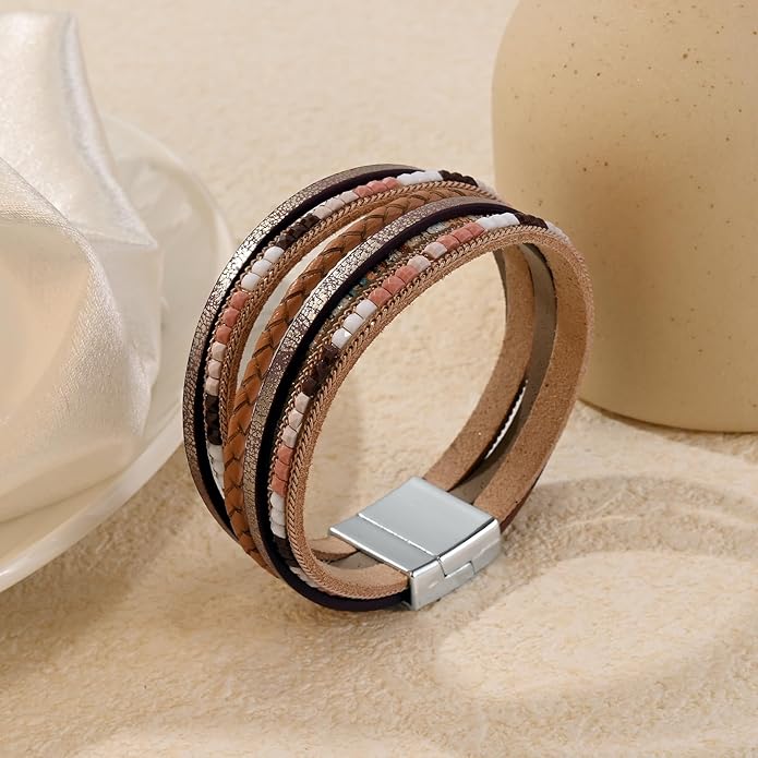 Wrapped Bracelets for Women,Leather Bracelet,Boho Bracelets for Women,Multi-Layer Pearl Crystal Bracelet Bangle Jewelry