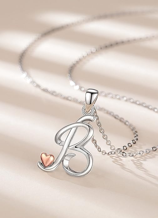 CELESTIA 925 Sterling Silver Initial Necklaces 26 Letter with Rose Gold Heart - 18 Inch Chain