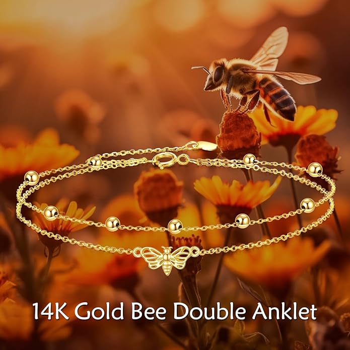 KECHO 14k Yellow Gold Butterfly/Dragonfly/Frog/Sunflower/Daisy/Tree of life/Moon/Clover Bracelet Anklet for Women
