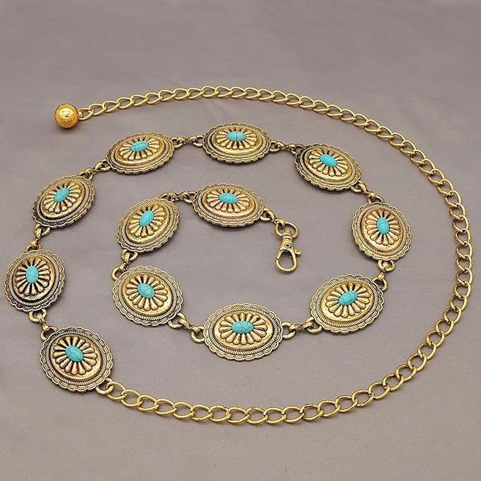 Women's Concho Chain Belt Western Cowgirl Metal Waist Chain Belt for Dress
