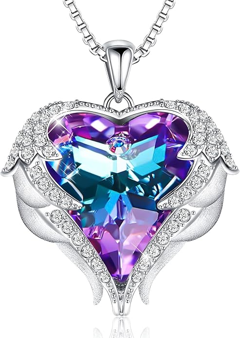 CDE Valentines Day Gifts for Women Angel Wings Necklace for Women with Birthstone, Love Heart Silver Tone/Gold Tone Pendant, Ideal Anniversary or Birthday Jewelry Gifts for Wife Girlfriend Her