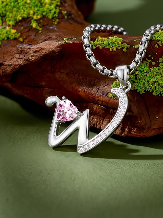 Valentines Day Gifts for Women Alphabet A to Z Initial Birthstone Pendant Necklaces for Women - 18k White Gold Plated Personalized Name Jewelry Valentine Mothers Day Birthday Gifts for Women Her Girlfriend