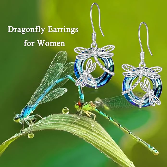 TOUPOP Dragonfly Gifts for Women Sterling Silver Dragonfly Earrings with Circle Crystal Dragonfly Dangle Drop Earrings Jewelry Gifts for Women Mom Birthday Christmas