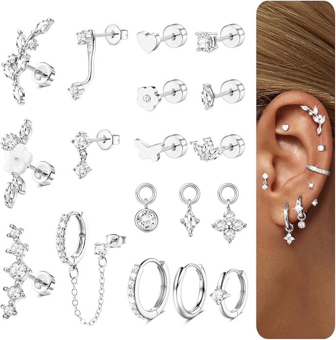 18 PCS Single Cartilage Studs Earrings Women Trendy 14k Gold Plated Flat Back Earings Stacks Dainty Small Pendant Dangle Huggie Hoops Earring Cubic Zirconia Flatback Stud Sets for Multiple Piercing