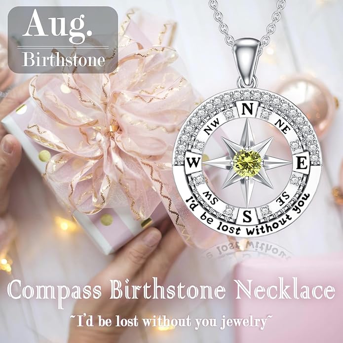 Compass Birthstone Necklace Gift for 2025 Graduation 925 Sterling Silver Compass ‘I'd be Lost Without You’ Pendant Necklaces Jewelry for Women Her Wife Gift for Birthday Anniversary