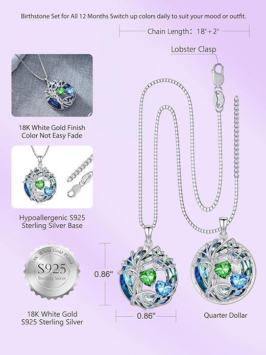 TOUPOP s925 Sterling Silver Family Celtic Tree of Life Pendant Necklaces with 2 Heart Birthstone with Blue Austrian Crystal Jewelry Birthday Valentines Day Gifts for Her, Anniversary Christmas Gifts for Wife Girlfriend Mom (18K Real White Gold Filled)