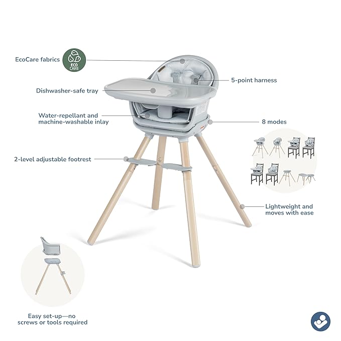Maxi-Cosi Moa 8-in-1 High Chairs for Babies and Toddlers, Machine Washable Infant High Chair, Compact, Convertible High Chair Lightweight Design, Classic Slate
