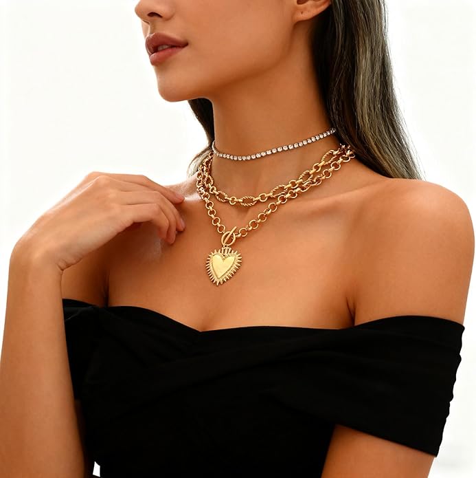 Chunky Gold Necklace Big Heart Necklace for Women Silver Large Statement Necklaces Thick Bold Chain Puffy Love Heart Charm Necklaces for Women with OT Toggle Silver Chunky Gold Jewelry Trendy Valentine's Day Gift