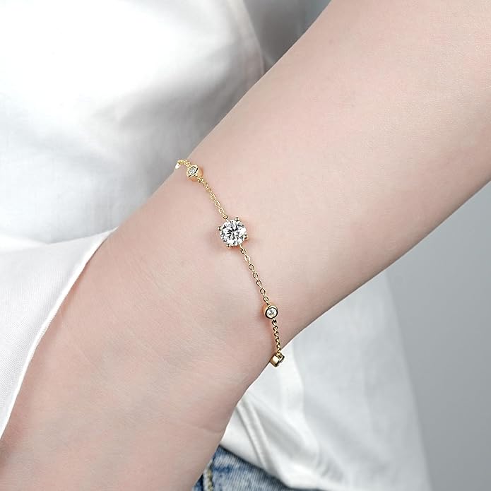 Bezel Station Link Bracelets for Women, 1.36cttw D Color Moissanite Bracelet 925 Sterling Silver for Wife or Mom, Adjustable Chain