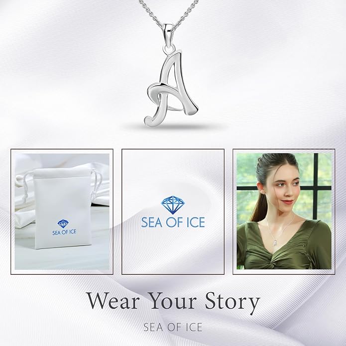 SEA OF ICE Letter Initial Necklace, Alphabet Letter Pendant Necklace, Sterling Silver, Gold, Rose Gold Necklace for Women, Elegant Initial Necklaces, Personalized Custom Women's Necklaces