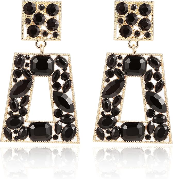 Rhinestone Rectangle Statement Earrings Colorful Crystal Geometric Drop Dangle Earrings for Women Prom Party