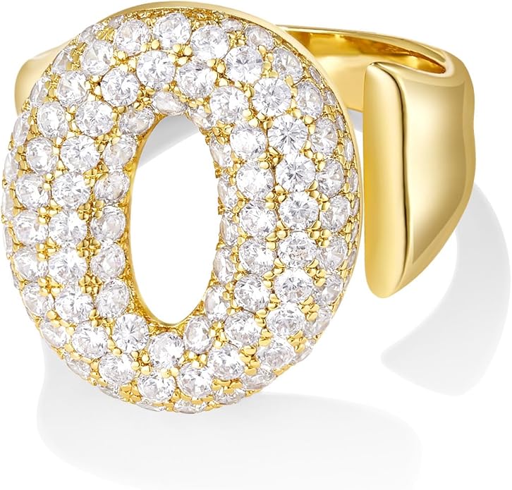 KissYan Bubble Initial Ring Valentines Day Gifts for Women, 14k Gold Plate Balloon Jumbo Letter Rings Open Adjustable Dainty Pave CZ Personalized Fashion Trendy Statement Jewelry