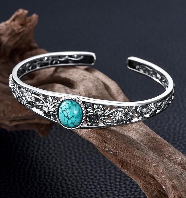 Genuine Turquoise Cuff Bracelet for Women, Sterling Silver Western Vintage Floral Bangle Native American Jewelry, For 6.5-7.5 Inch Wrists