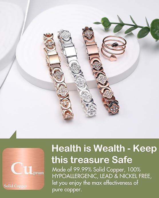 Feraco Pure Copper Bracelets & Rings for Women, Ultra Strength Magnetic Bracelet for Women with Neodymium Magnets & Sparkling Cubic Zirconia, Adjustable, Infinite Clover Jewelry