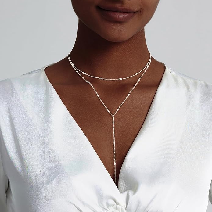 Lariat Gold Necklace for Women Dainty Long Necklace 14k Gold Plated/Silver Y-Shaped Pendant Drop Chain Trendy Layered Pearl/Beaded/CZ Necklaces Simple Gold Jewelry For Women Gift