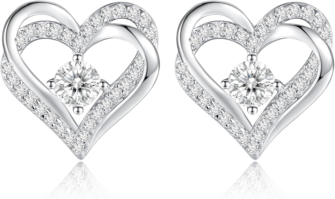 CDE Forever Love Heart Stud Earrings for Women, 925 Sterling Silver Birthstone Heart Stud Earrings Christmas Day Mother's Day Gift Anniversary Birthday Jewelry Gifts for Women Wife Her