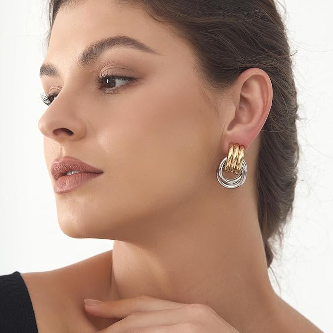 Gold Plated Chunky Gold Earrings for WomenKnot Link Circle Statement Drop Dangle Earrings Studs Trendy Jewelry (L-Size Chunky Earrings)