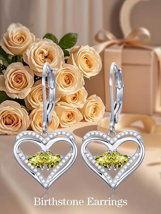 Valentines Day Gifts for Women, Heart Leverback Earrings Double Birthstone Dangle Earrings for Women, Love Jewelry for Her, Anniversary Birthday Gift for Mom Wife Girlfriend