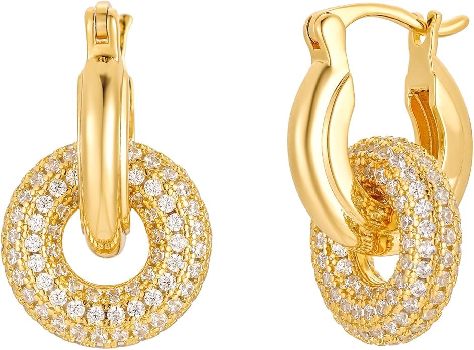 CAITLYNMINIMALIST 18K Gold Sterling Silver Double Link Drop Pave Duo Hoop Huggie Earrings Bold Jewelry for Women