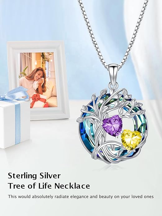 TOUPOP s925 Sterling Silver Family Celtic Tree of Life Pendant Necklaces with 2 Heart Birthstone with Blue Austrian Crystal Jewelry Birthday Valentines Day Gifts for Her, Anniversary Christmas Gifts for Wife Girlfriend Mom (18K Real White Gold Filled)