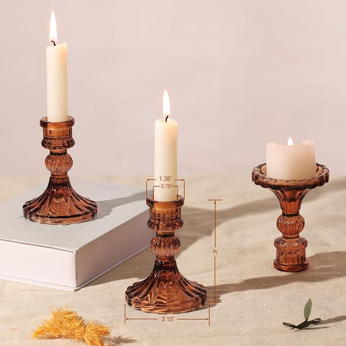 12PCS Amber Candlestick Holders Set- 4" H Taper Candle Holders, Glass Candle - Image 2