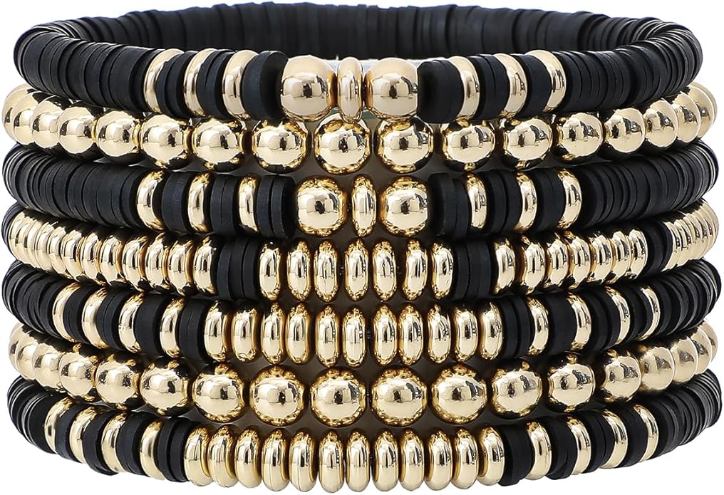 GOOJIDS Surfer Heishi Clay Bead Bracelets for Women Bohemian Stackable Gold Plated Beaded Stretch Bracelets Elastic Layering Friendship Bracelets Set Boho Jewelry