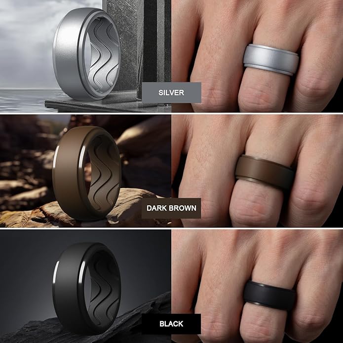 Egnaro Men's Silicone Rings 10mm Wide 2.5mm Thick, Rubber Wedding Bands with Inner Arc Ergonomic Breathable Design, 1/4/5/7 Variety Multipack