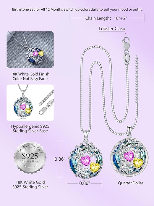 TOUPOP s925 Sterling Silver Family Celtic Tree of Life Pendant Necklaces with 2 Heart Birthstone with Blue Austrian Crystal Jewelry Birthday Valentines Day Gifts for Her, Anniversary Christmas Gifts for Wife Girlfriend Mom (18K Real White Gold Filled)