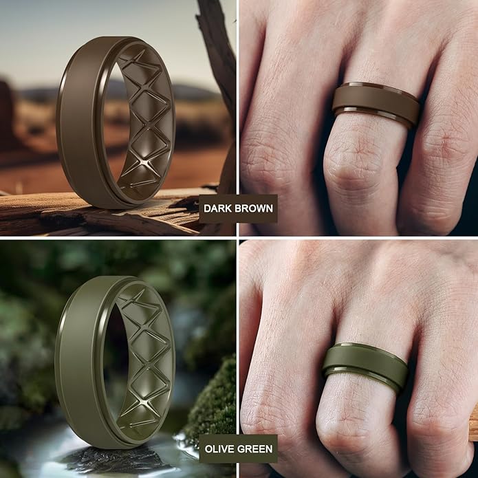 Egnaro Men's Rings 8.5mm Wide-2mm Thick Inner Arc Ergonomic Breathable Rubber Wedding bands-Hypoallergenic for Gym/Outdoor/Gift((1-7 Variety Pack with Half Size)