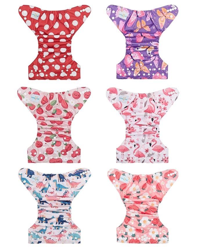 Babygoal Baby Cloth Diaper 6 Pack with 6pcs Inserts and Wet Bag for Fitted Diapers and Prefolds, Adjustable and Reusable Covers for Toddler Boys and Girls