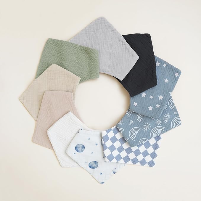 Konssy Muslin Baby Bibs 10 Pack Baby Bandana Drool Bibs 100% Cotton for Unisex Boys and Girls, Soft Absorbent Set for Teething and Drooling