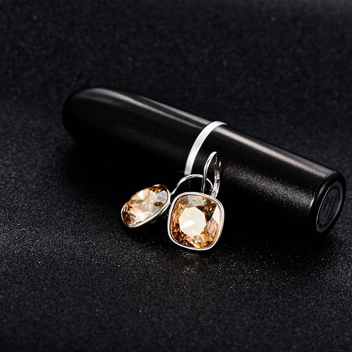 AOBOCO Sterling Silver Leverback Earrings Embellished with Crystals from Austria, Hypoallergenic Cushion Cut Square Crystal Earrings, Fine Anniversary Birthday Jewelry Gifts for Women