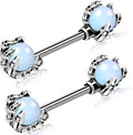 OUFER 14G Nipple Rings - 316L Surgical Steel Piercing Jewelry, 2PCS Pink Opals Surrounded by Dragon Claws Barbell