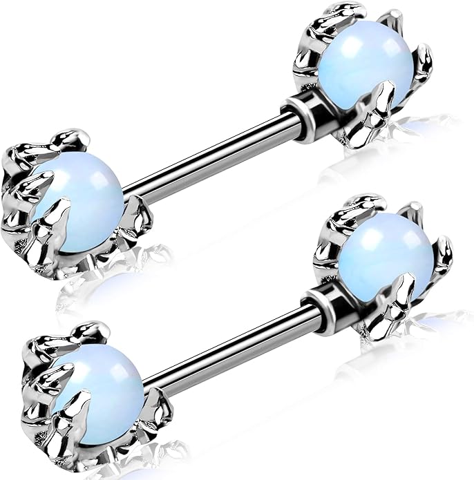 OUFER 14G Nipple Rings - 316L Surgical Steel Piercing Jewelry, 2PCS Pink Opals Surrounded by Dragon Claws Barbell