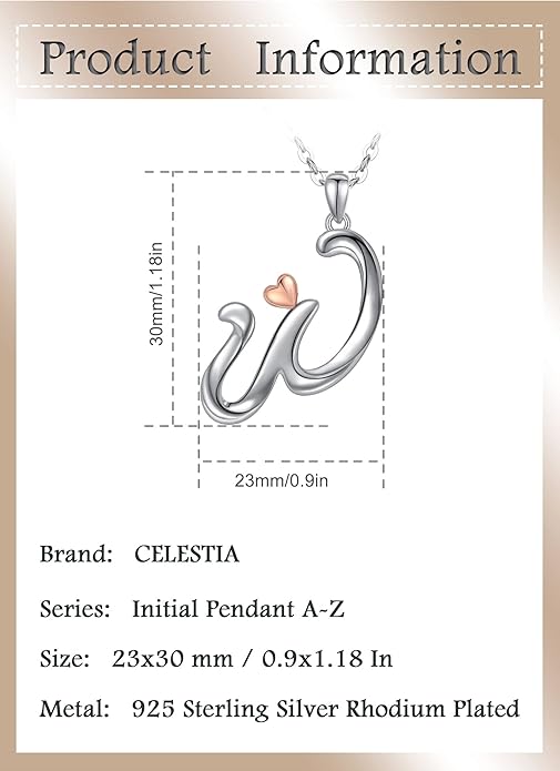 CELESTIA 925 Sterling Silver Initial Necklaces 26 Letter with Rose Gold Heart - 18 Inch Chain