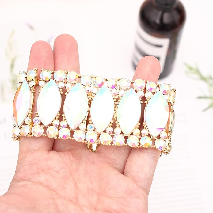 Women’s Elegant Wedding Bridal Crystal Double Row Marquise-Shape Leaf Stretch Bangle Bracelet Bride Jewelry for Women