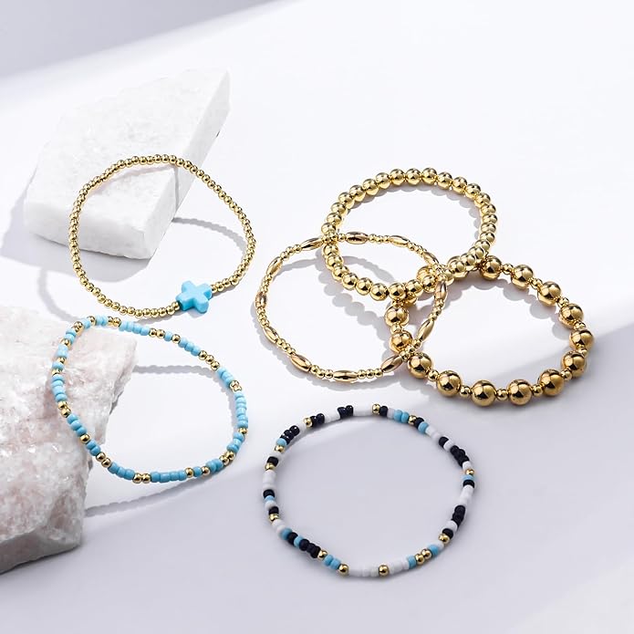 Gold Bracelets for Women Waterproof, 14K Gold Plated Beaded Cross Bracelets Set,Boho Stretch Bracelets Stackable Jewelry for Women Teenage Girls Jewelry Christmas Gifts