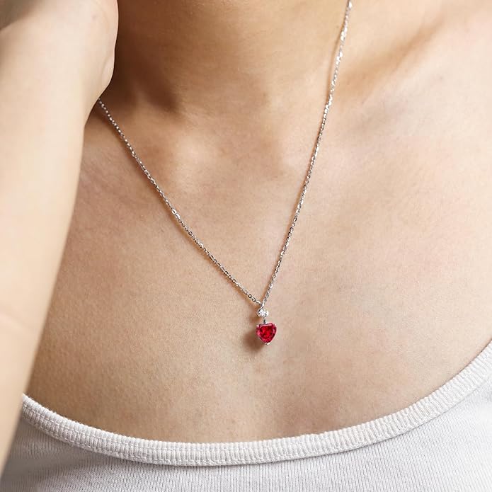 AGVANA Valentines Day Gifts 14K Solid White Gold Diamond Gemstone Pendant with Sterling Silver Chain 8mm Heart Birthstone Necklace Fine Jewelry Anniversary Birthday Gifts for Women Mom Wife