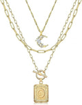 MJartoria Layered Initial Necklaces for Women Trendy, 14K Gold Plated Brass Simple Moon Choker Square Letter Pendant Necklace, Paperclip Chain Necklaces Jewelry Gifts