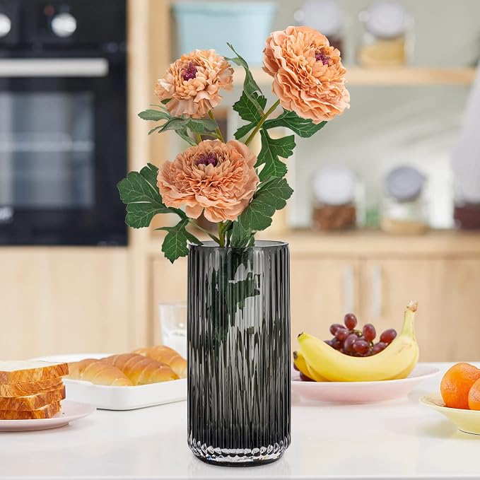 Flower Vase 10 inch Grey Thickened Hand Blow Glass Vase Round Vintage Striped - Image 2