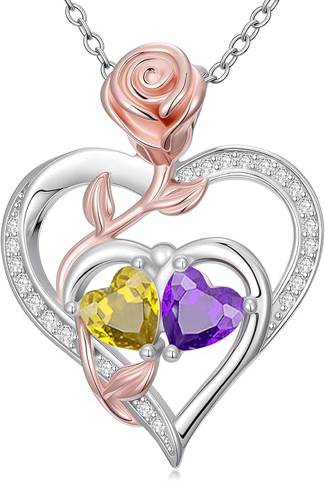 Rose Flower Heart Pendant for Women Birthday Gifts 18k Gold Plated Mother Daughter Necklace with 12 Months Birthstone Christmas Valentines Day Gifts for Her Mom Anniversarry Jewelry for Mom Wife Girlfriend
