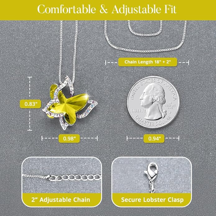 Valentine's Day Gift Butterfly Birthstone Crystal Necklace, Silver Tone with 18”+2” Chain, Necklace for Mother’s Day Anniversary Birthday Gifts for Women and Daughter