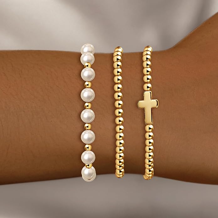 Zeffy Gold Pearl Beaded Bracelet for Women, 14K Gold Plated Jewelry Set With Paperclip Link Chain, Trendy Stack Bracelets
