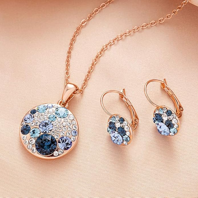 EVEVIC Austrian Crystals Round Disc Pendant Necklace Earrings for Women 14K Gold Plated Hypoallergenic Jewelry Sets