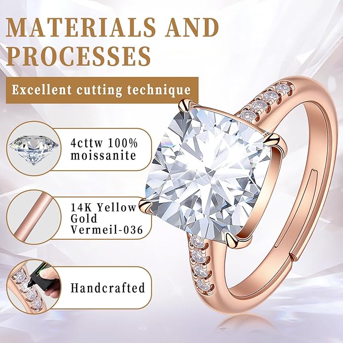 Engagement Rings for Women, Wedding Band for Women，Brilliant D Color VVS1 Clarity Lab Created Rings 14K White Gold Vermeil Ring for Women Jewelry Gifts Adjustable Ring 4-10