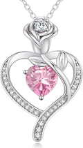 LOUISA SECRET Rose Flower Heart Birthstone Necklaces for Women, 925 Sterling Silver Fine Jewelry, Pendant Heart Necklaces Birthday Anniversary Christmas Gift for Women Wife Mom Girlfriend Lady