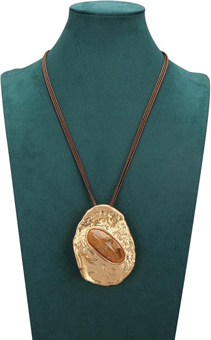 GelConnie Leather Necklace for Women Large Pendant Long Brown Necklace Circle Leather Choker Vintage Sweater Necklace Gold Chunky Boho Necklaces for Women