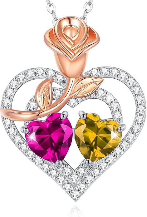 AGVANA Valentines Day Gifts Birthstone Necklace for Women Sterling Silver Rose Flower Heart Double Birthstone Jewelry Pendant Necklace Anniversary Birthday Gifts for Women Mom Wife Girlfriend Her